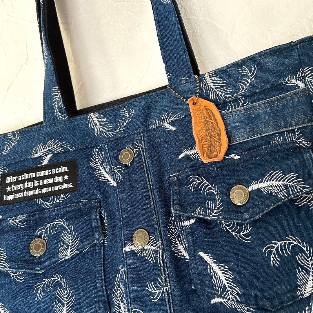 960.刺繍　デニムリメイク　トートバッグ　ジージャン　サイドポケット