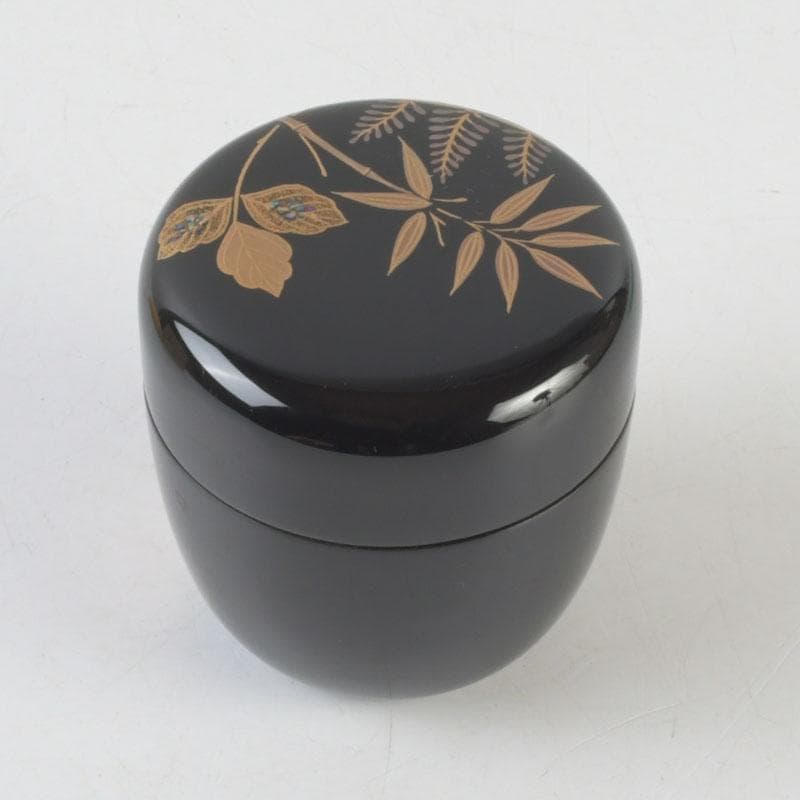 茶道具　黒塗　螺鈿装飾　桐竹蒔絵　中棗　時代箱　V　9942