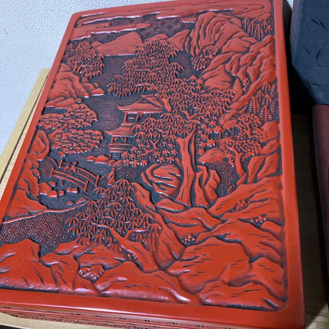 彫刻漆器 仙台堆朱の文箱 硯箱×紫雲石硯　セット　　　紫雲硯 F
